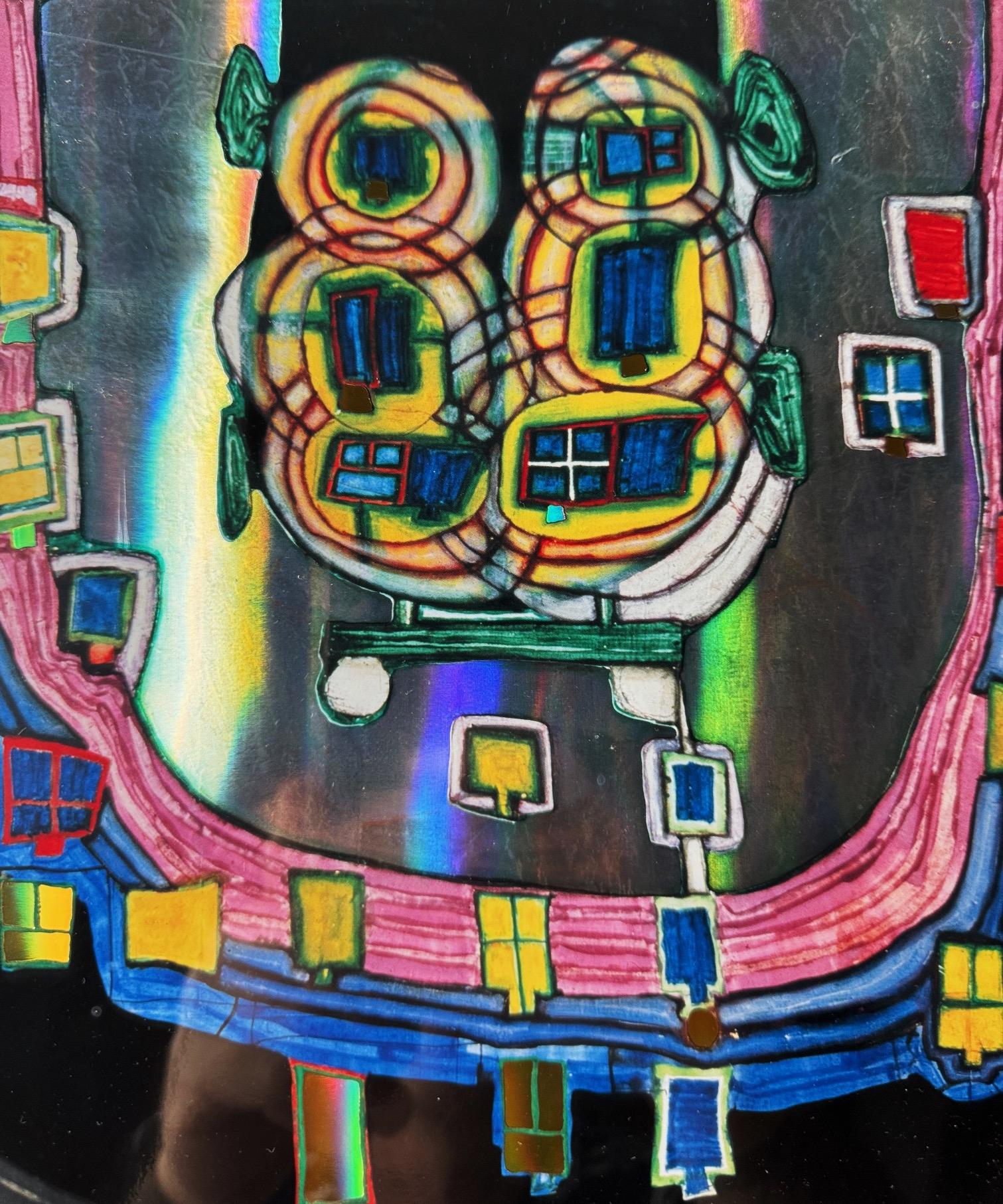 Geburt eines automobils, Cartel en relieve de Hundertwasser 1987, enmarcado Moderno de mediados de siglo en venta