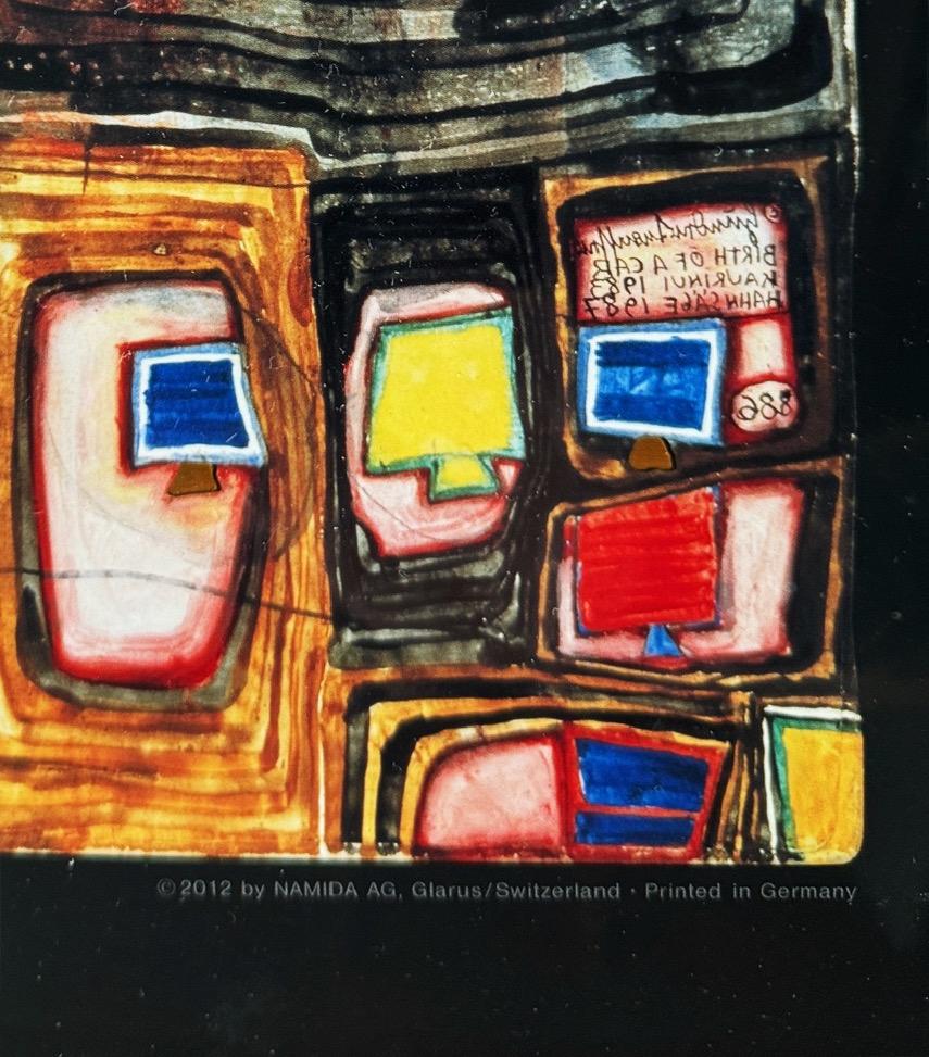 Geburt eines automobils, Cartel en relieve de Hundertwasser 1987, enmarcado Alemán en venta