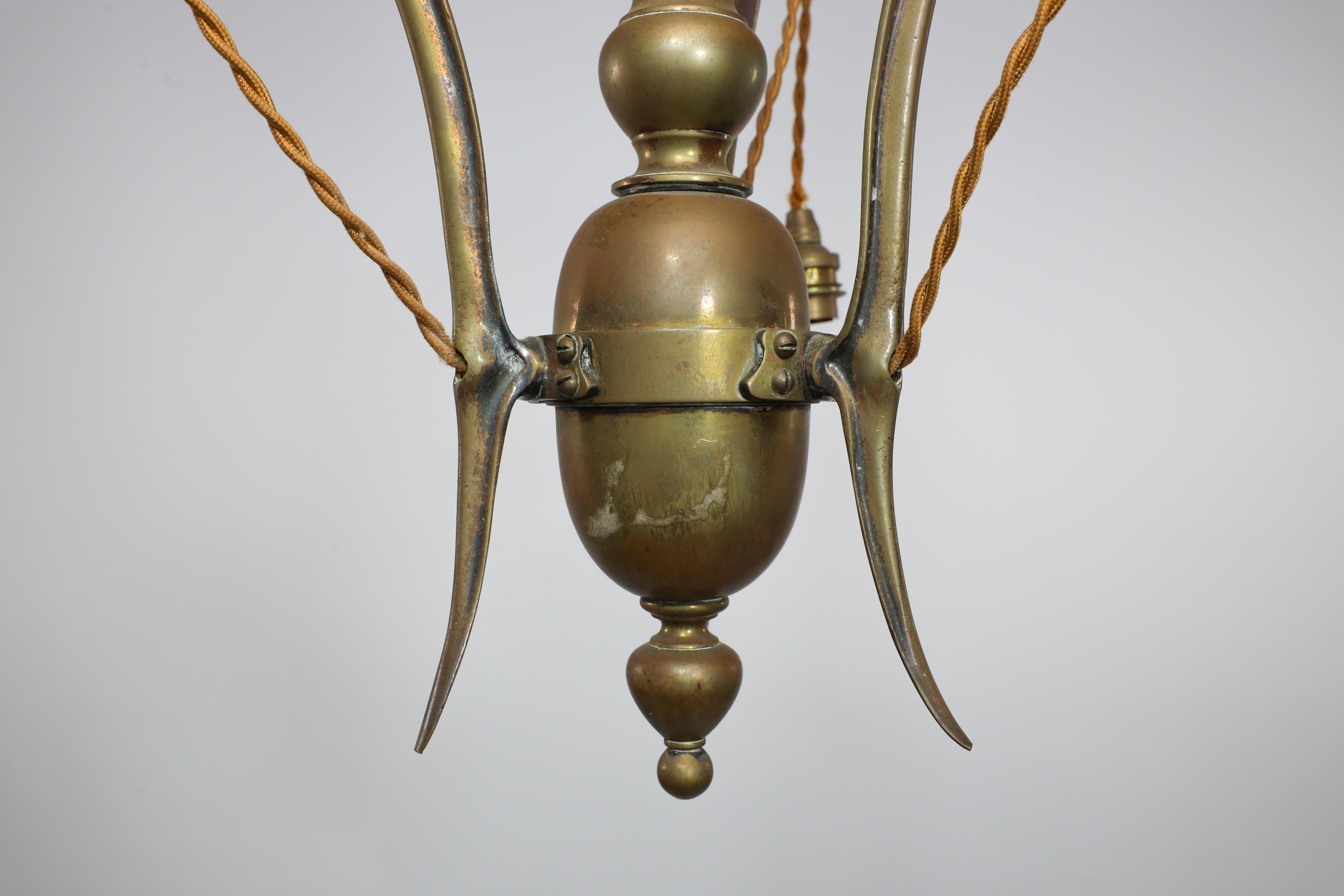 GEC Arts and Crafts brass three branch ceiling light For Sale 4