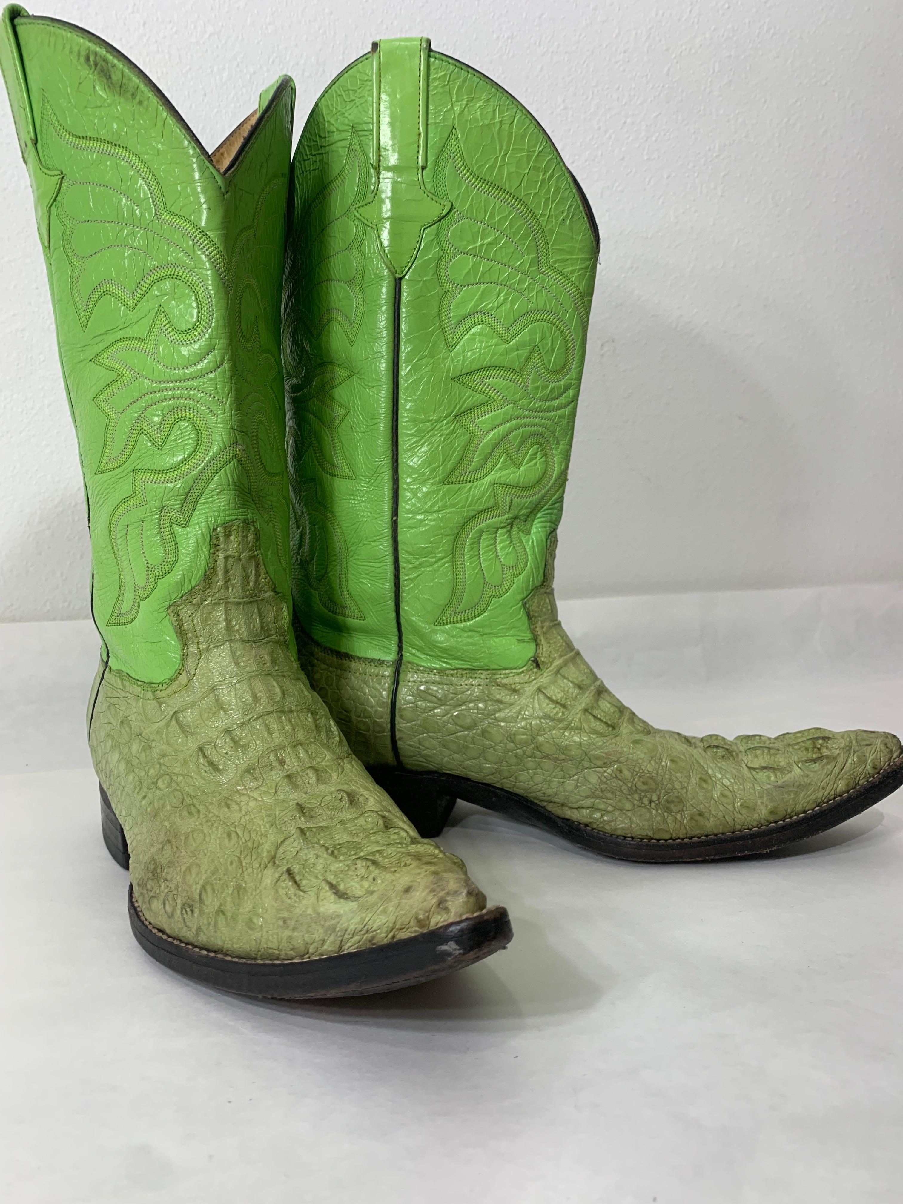 Gecko Green Leather & Crocodile Western Cowboy Boots US Size 8 For Sale 6
