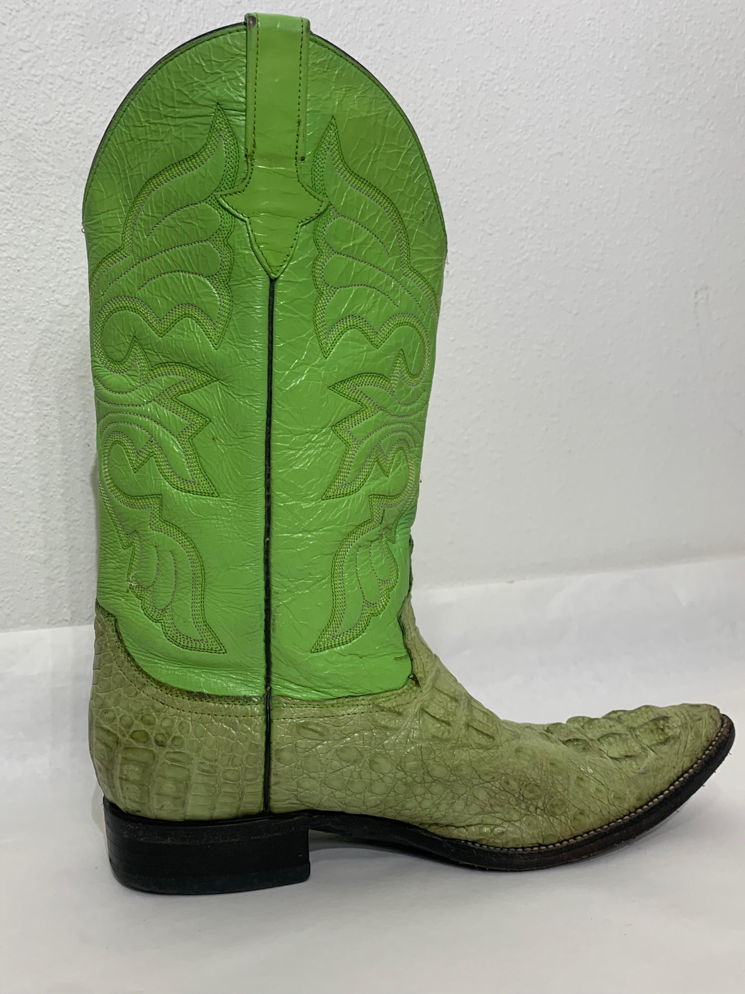 Gecko Green Leather & Crocodile Western Cowboy Boots US Size 8 For Sale 7