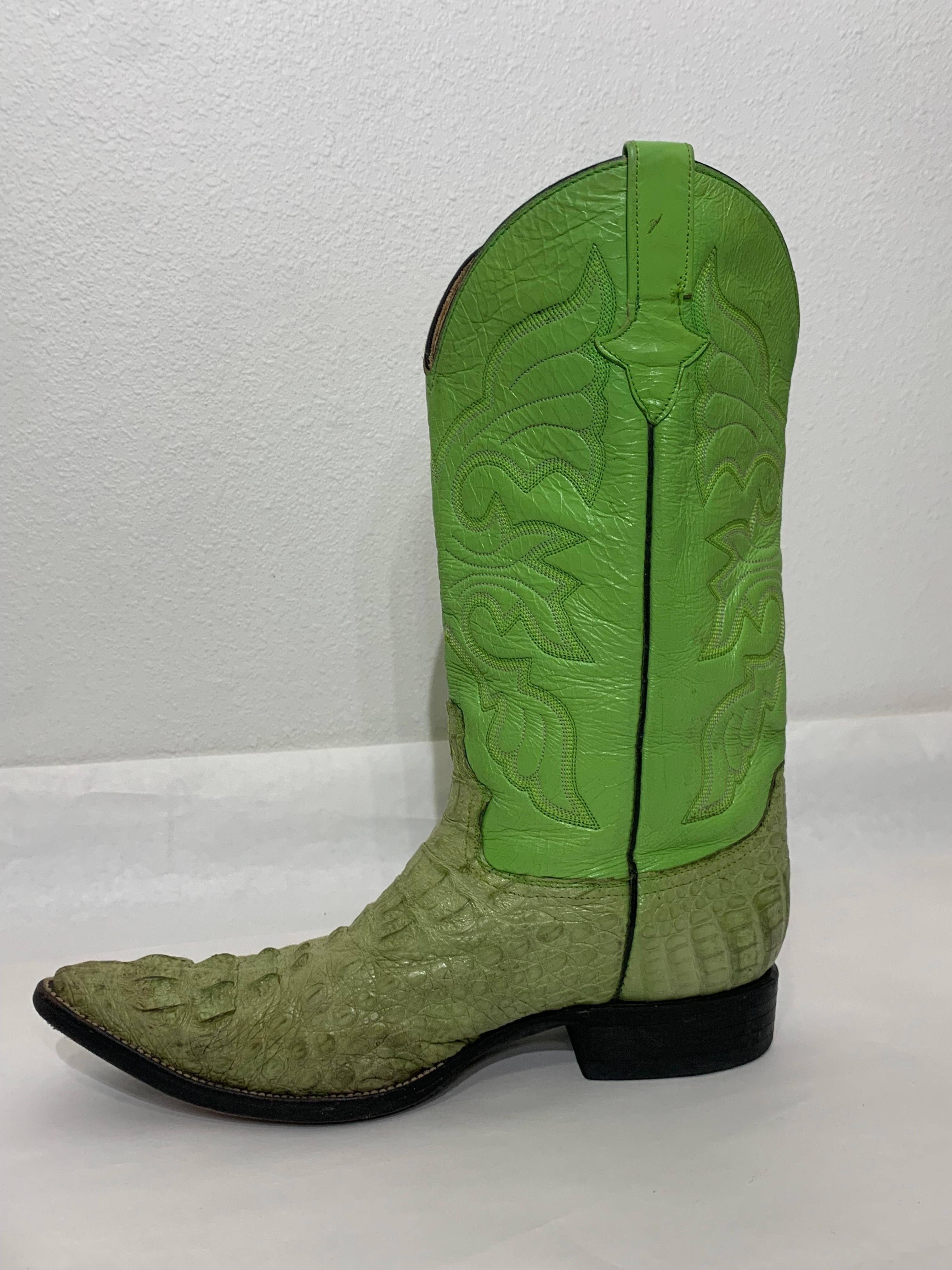 Gecko Green Leather & Crocodile Western Cowboy Boots US Size 8 For Sale 8