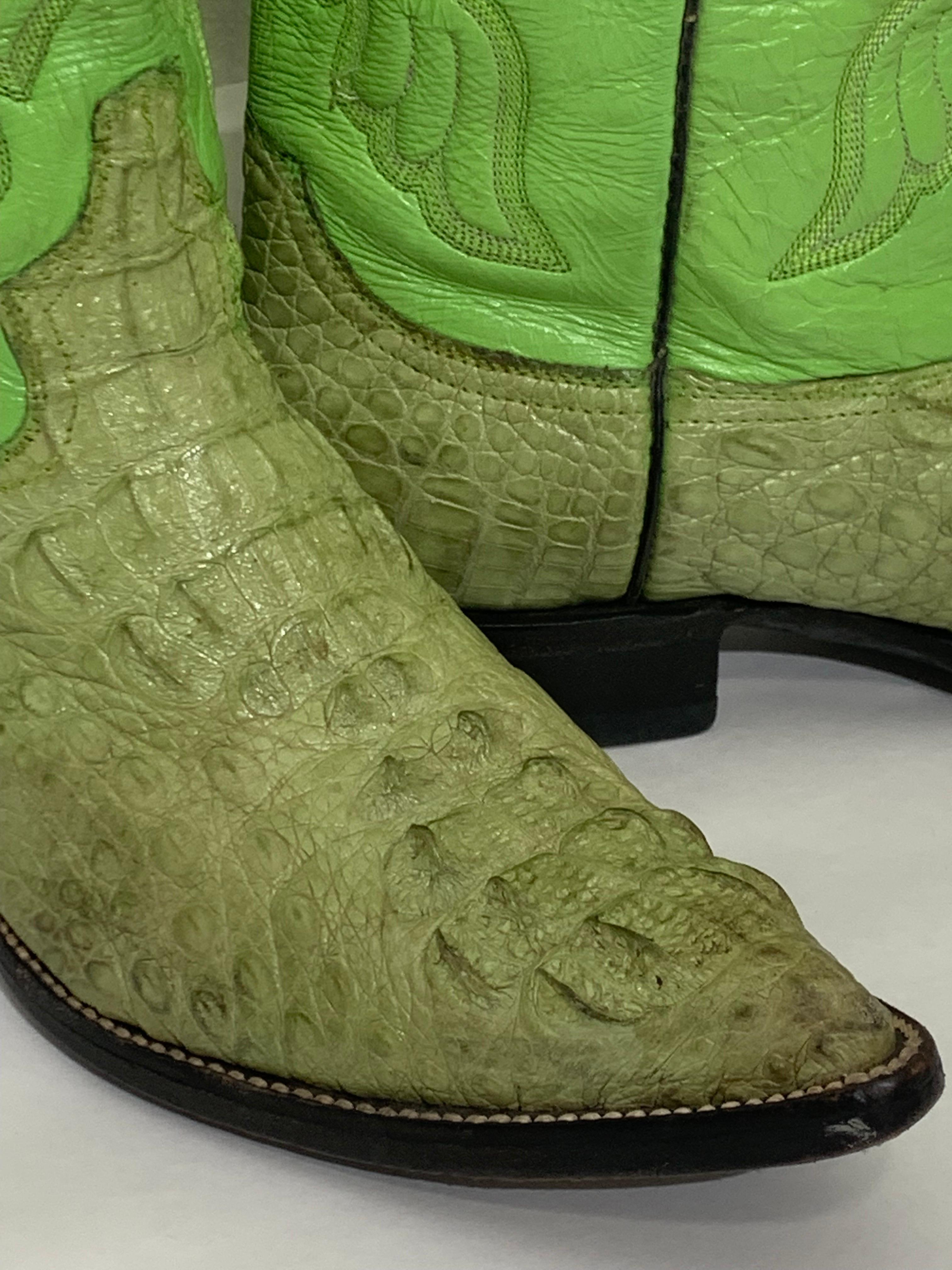 Men's Gecko Green Leather & Crocodile Western Cowboy Boots US Size 8 For Sale