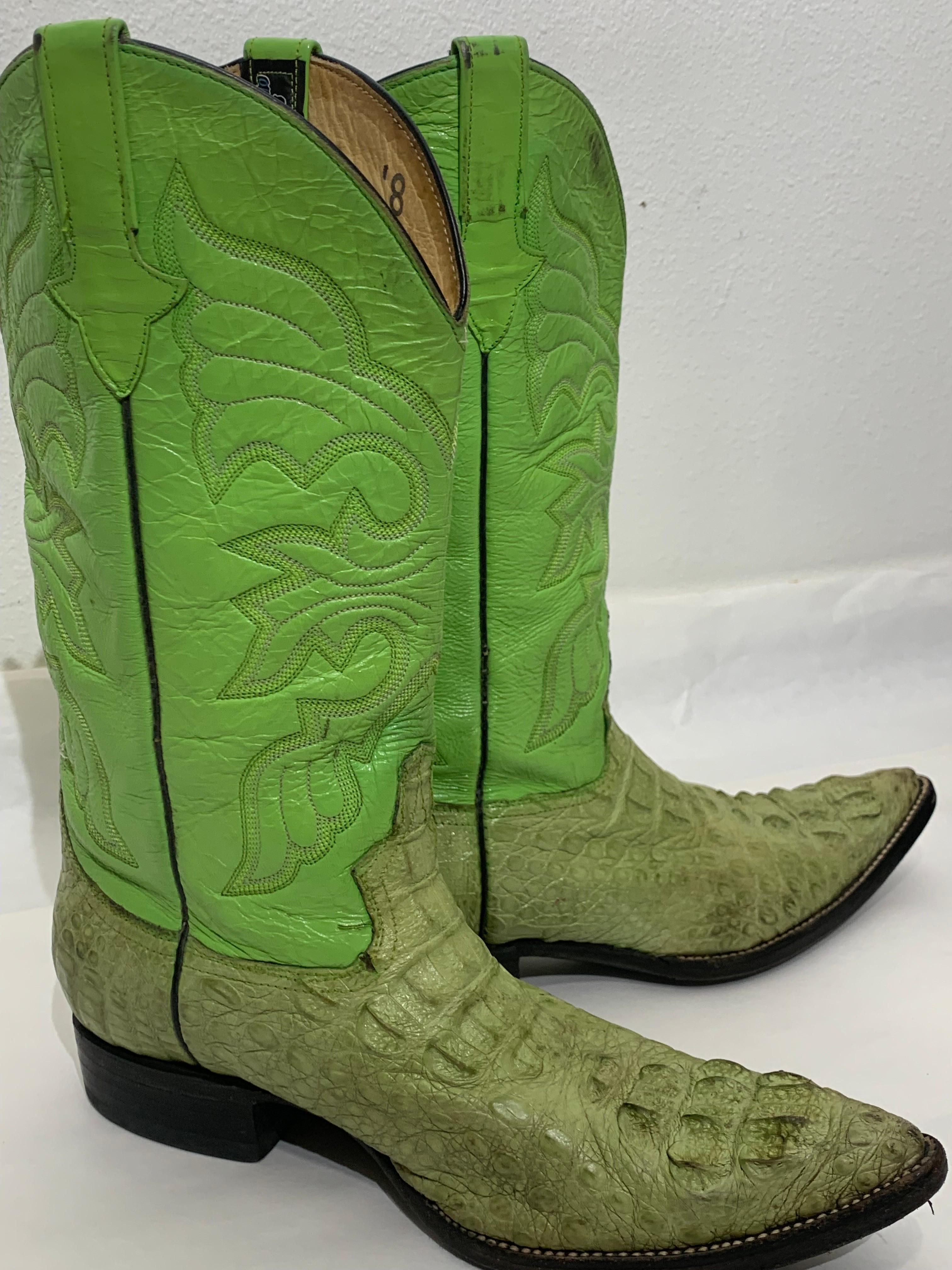 Gecko Green Leather & Crocodile Western Cowboy Boots US Size 8 For Sale 2