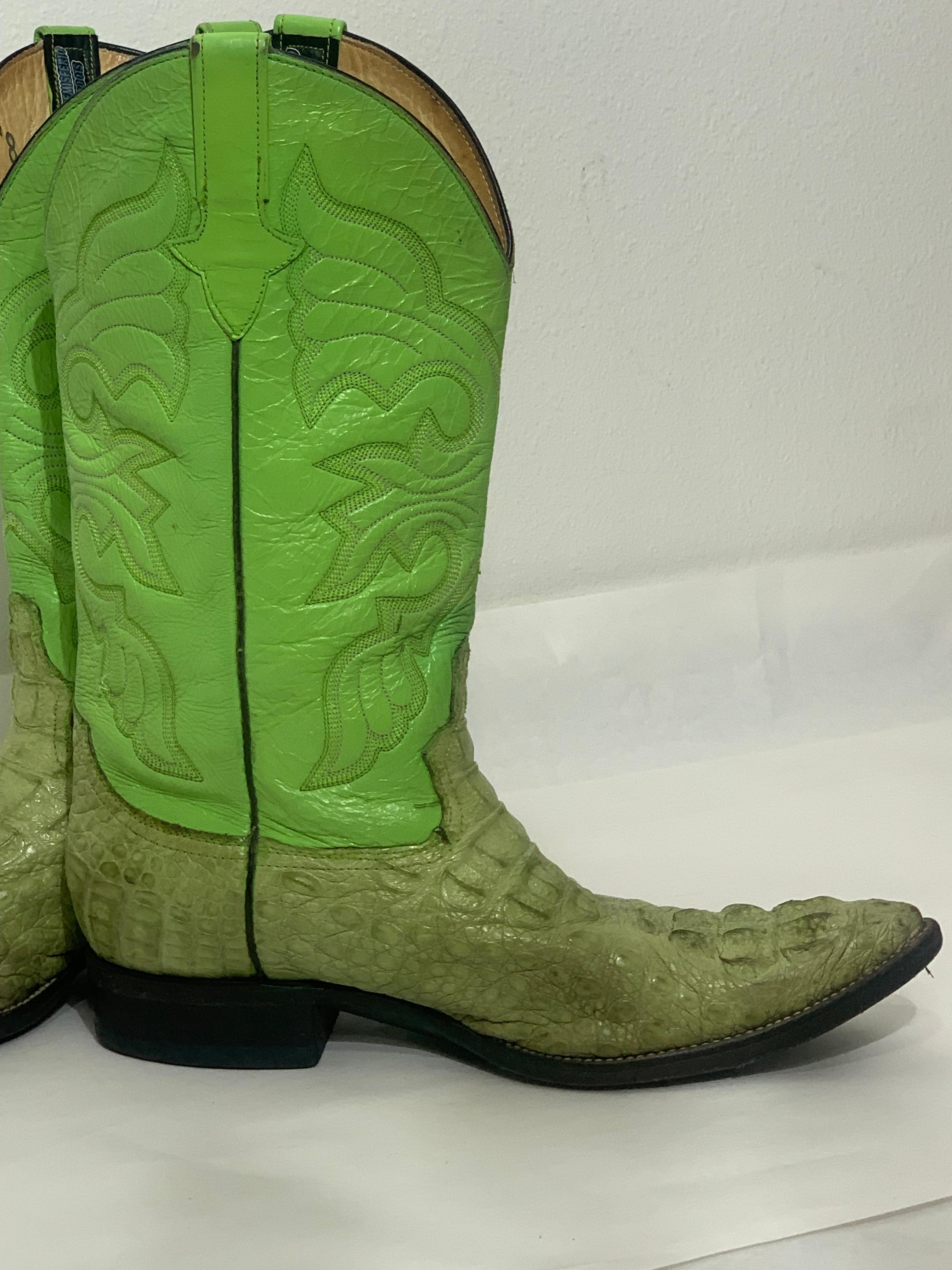 Gecko Green Leather & Crocodile Western Cowboy Boots US Size 8 For Sale 4