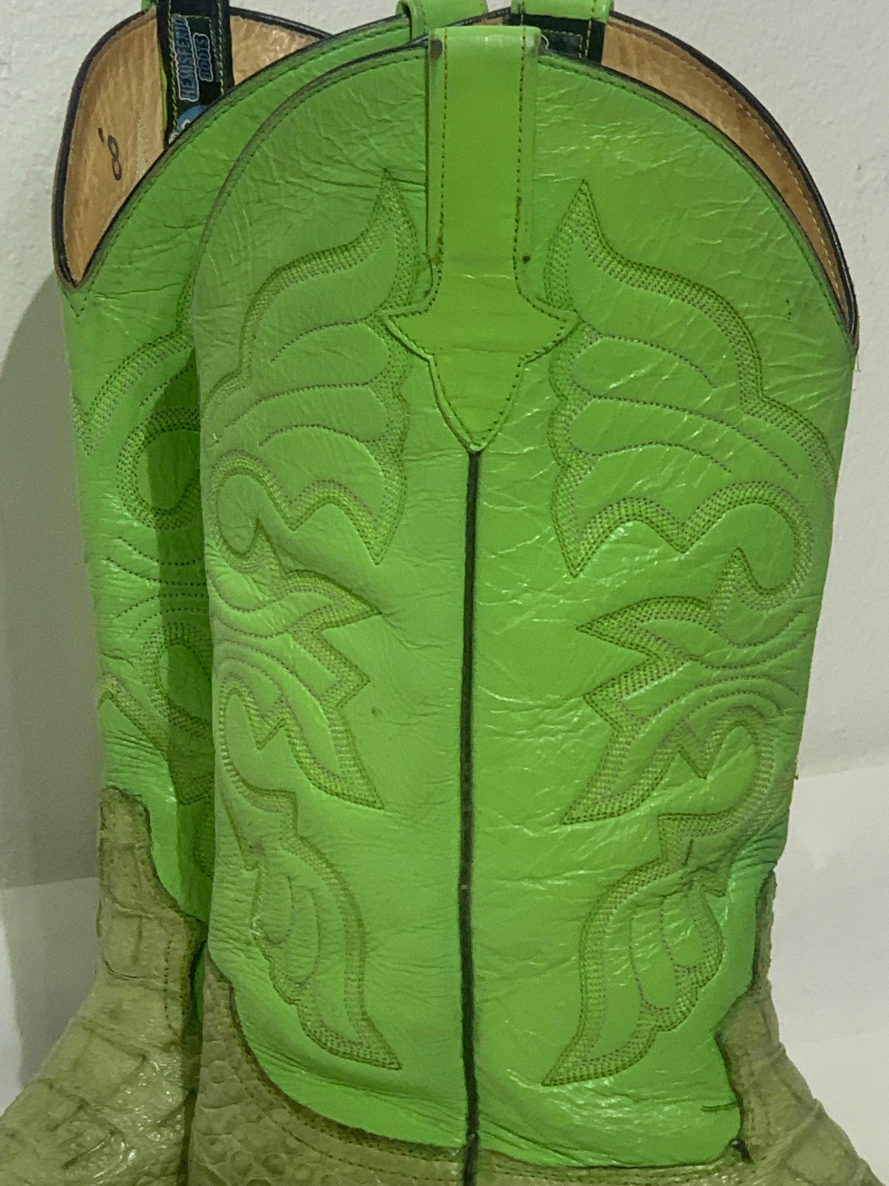 Gecko Green Leather & Crocodile Western Cowboy Boots US Size 8 For Sale 5