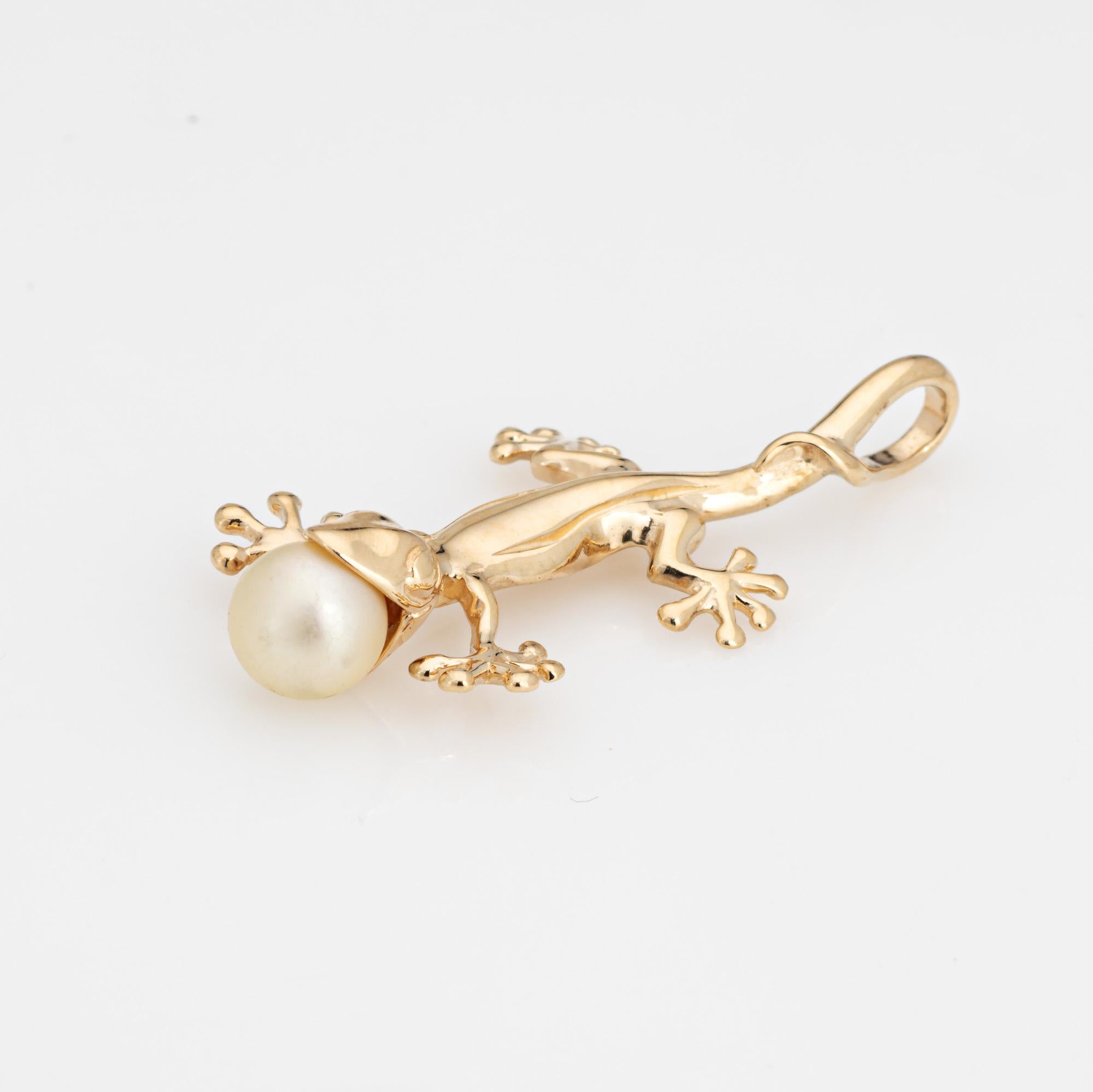 Modern Gecko Pendant 14k Yellow Gold Lizard Cultured Pearl Charm Fine Estate Jewelry