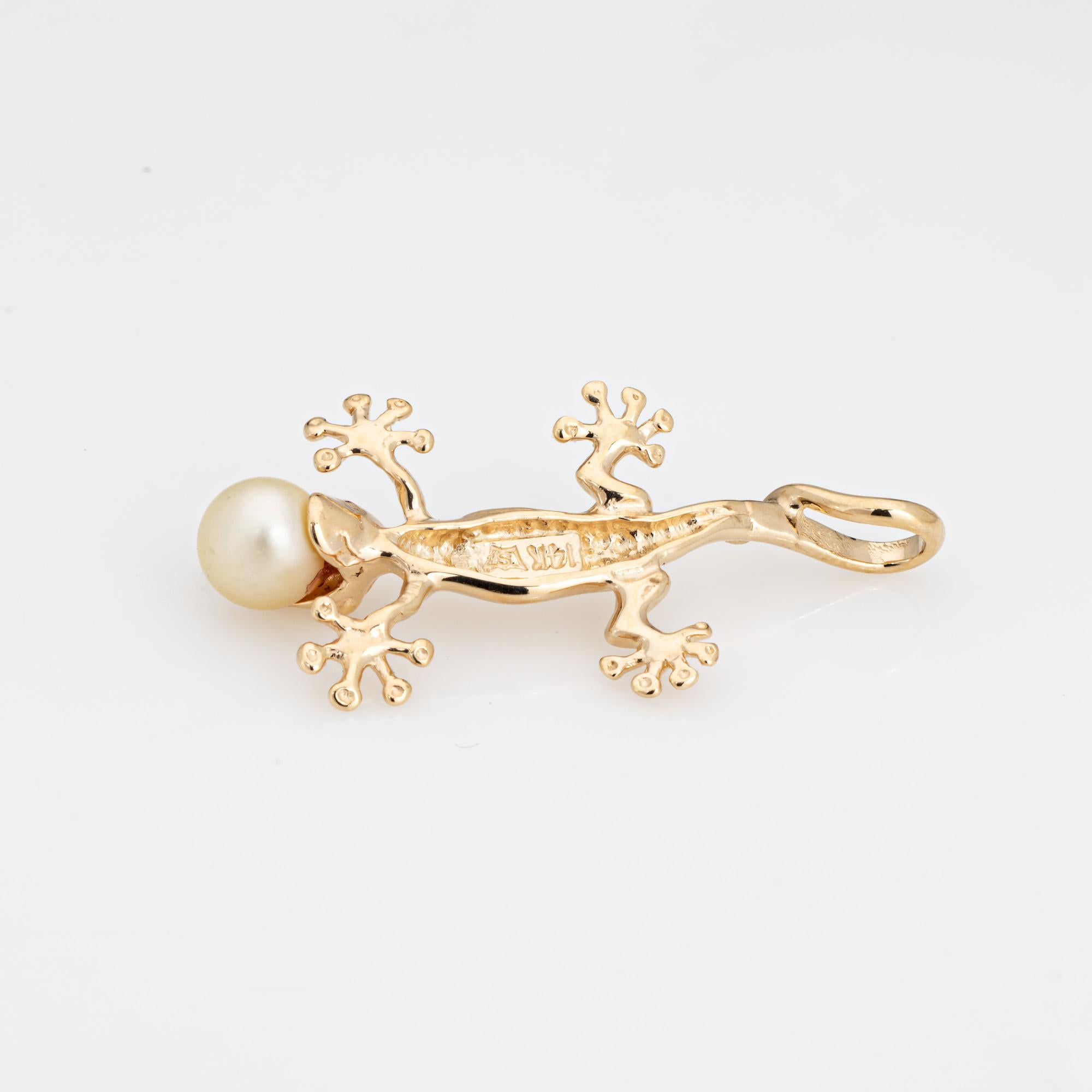 Round Cut Gecko Pendant 14k Yellow Gold Lizard Cultured Pearl Charm Fine Estate Jewelry