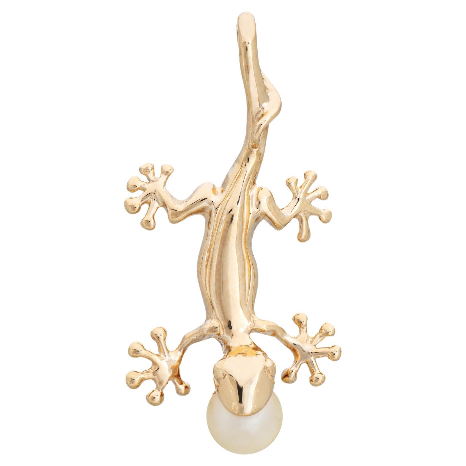 Gecko Pendant 14k Yellow Gold Lizard Cultured Pearl Charm Fine Estate Jewelry