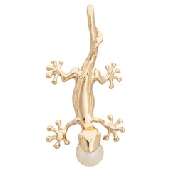 Gecko Pendant 14k Yellow Gold Lizard Cultured Pearl Charm Fine Estate Jewelry