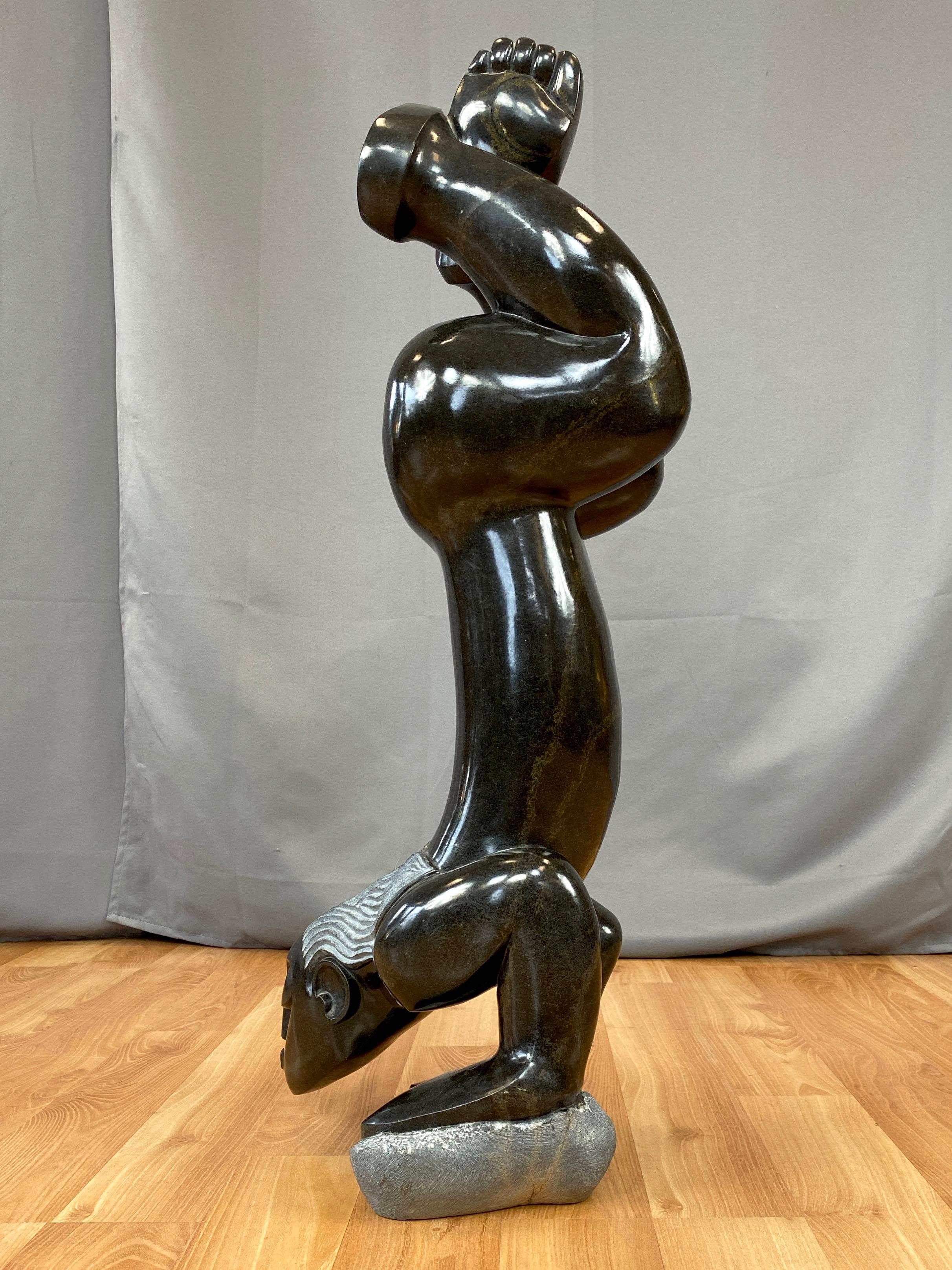 Carved Gedion Nyanhongo “Exercising”, Large Shona Springstone Sculpture, 1990s For Sale