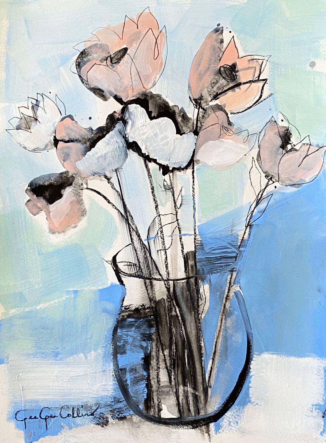 "Floralicious" by Gee Gee Collins is a mixed media on paper floral piece.  The artist has layered mediums such as paint and drawing to create this perfect paper piece.  The artist has signed this piece on the bottom right.

Gee Gee Collins was born