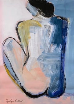 Good Side by Gee Gee Collins Mixed Media Figurative Painting in Pink and Blue