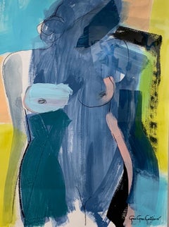 Side Bun by Gee Gee Collins Mixed Media Figurative Painting in Pink and Blue