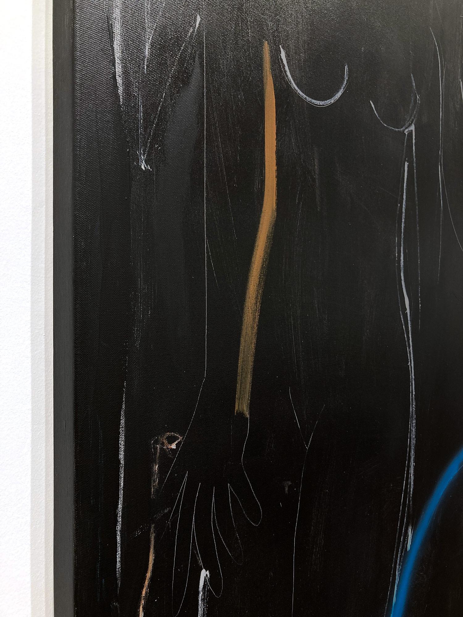 Modernistisches schwarzes und weißes abstraktes Aktgemälde auf Leinwand „Blue Line + Fruit“ im Angebot 7