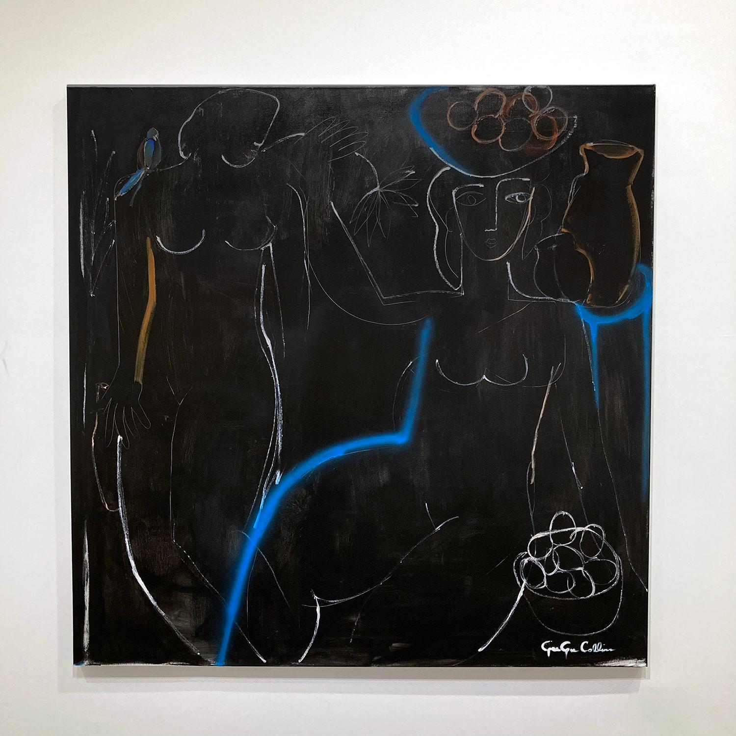 Modernistisches schwarzes und weißes abstraktes Aktgemälde auf Leinwand „Blue Line + Fruit“ im Angebot 11