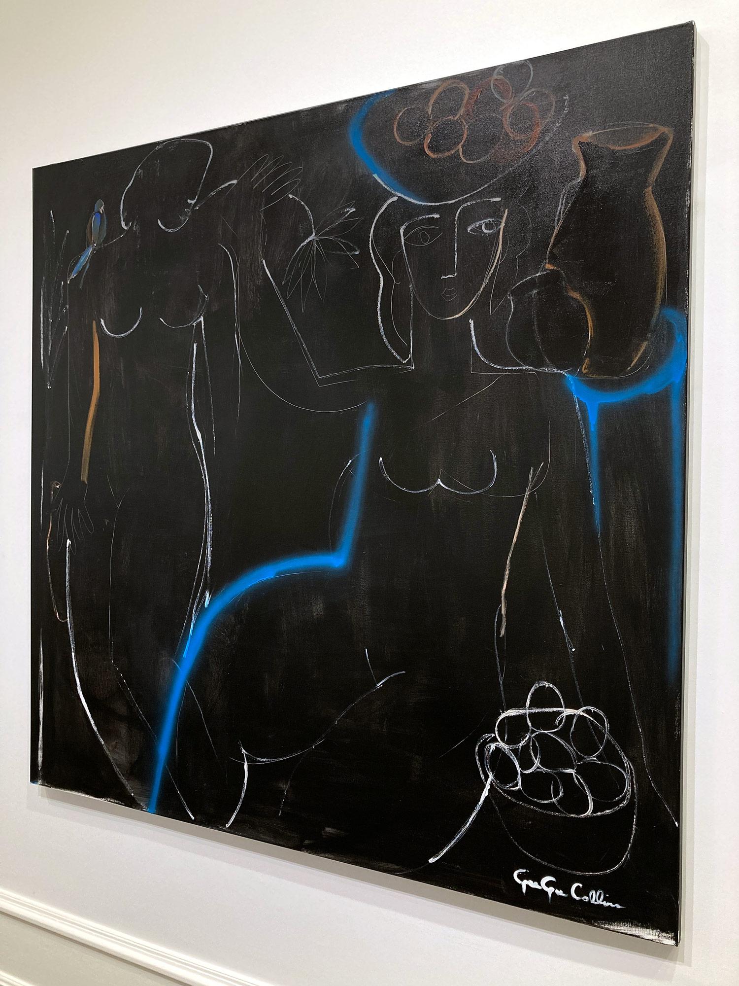 Modernistisches schwarzes und weißes abstraktes Aktgemälde auf Leinwand „Blue Line + Fruit“ im Angebot 12