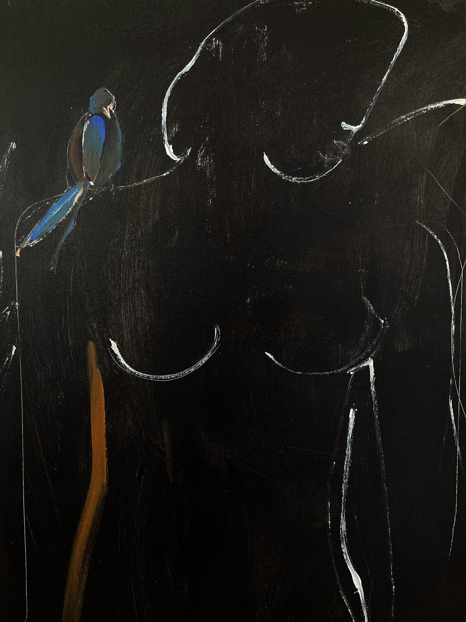 Modernistisches schwarzes und weißes abstraktes Aktgemälde auf Leinwand „Blue Line + Fruit“ – Painting von Gee Gee Collins
