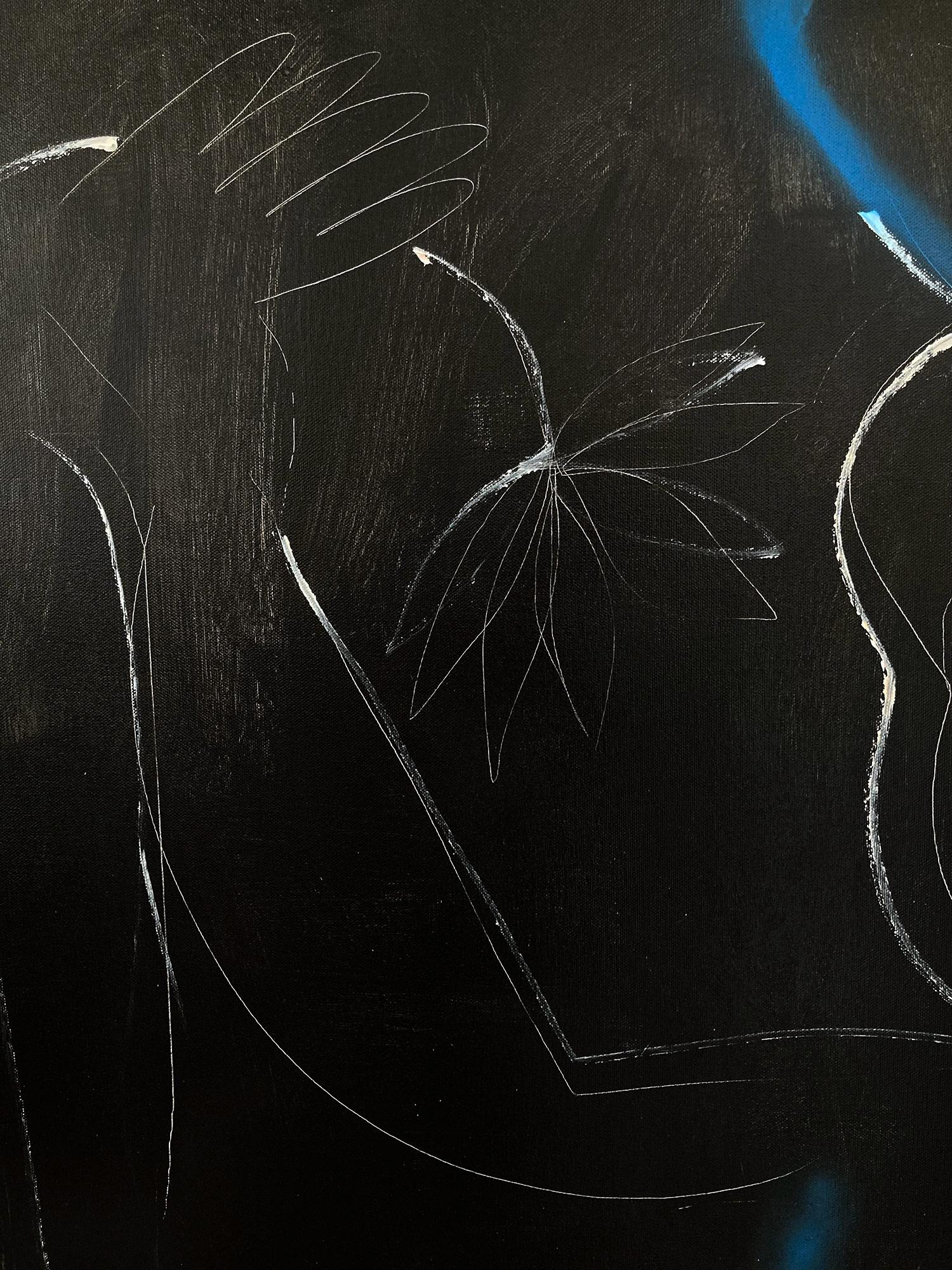 Modernistisches schwarzes und weißes abstraktes Aktgemälde auf Leinwand „Blue Line + Fruit“ (Abstrakter Expressionismus), Painting, von Gee Gee Collins