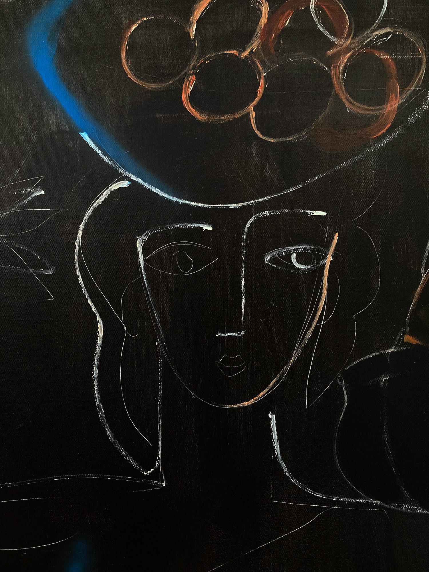 Modernistisches schwarzes und weißes abstraktes Aktgemälde auf Leinwand „Blue Line + Fruit“ (Schwarz), Figurative Painting, von Gee Gee Collins