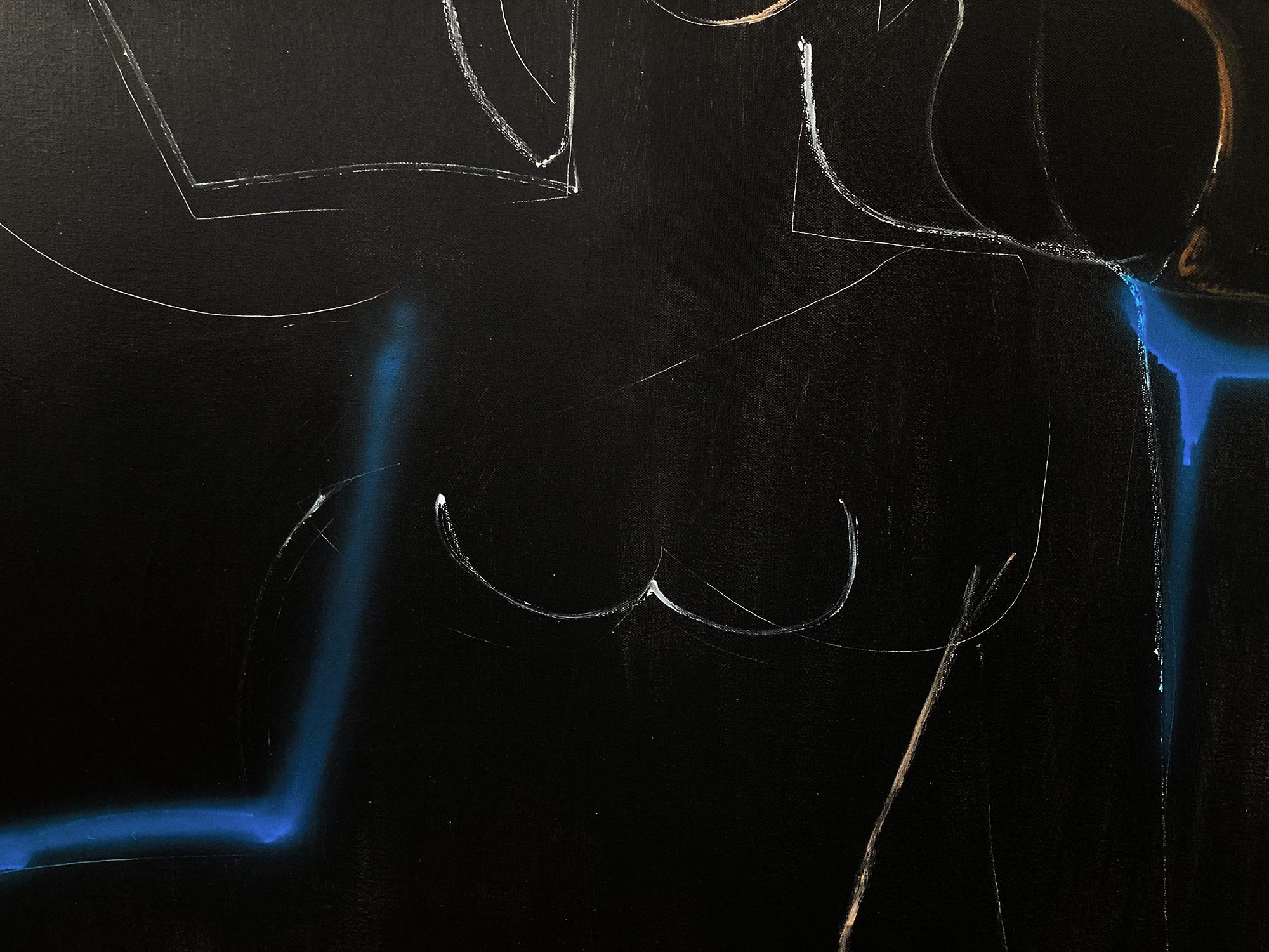 Modernistisches schwarzes und weißes abstraktes Aktgemälde auf Leinwand „Blue Line + Fruit“ im Angebot 1