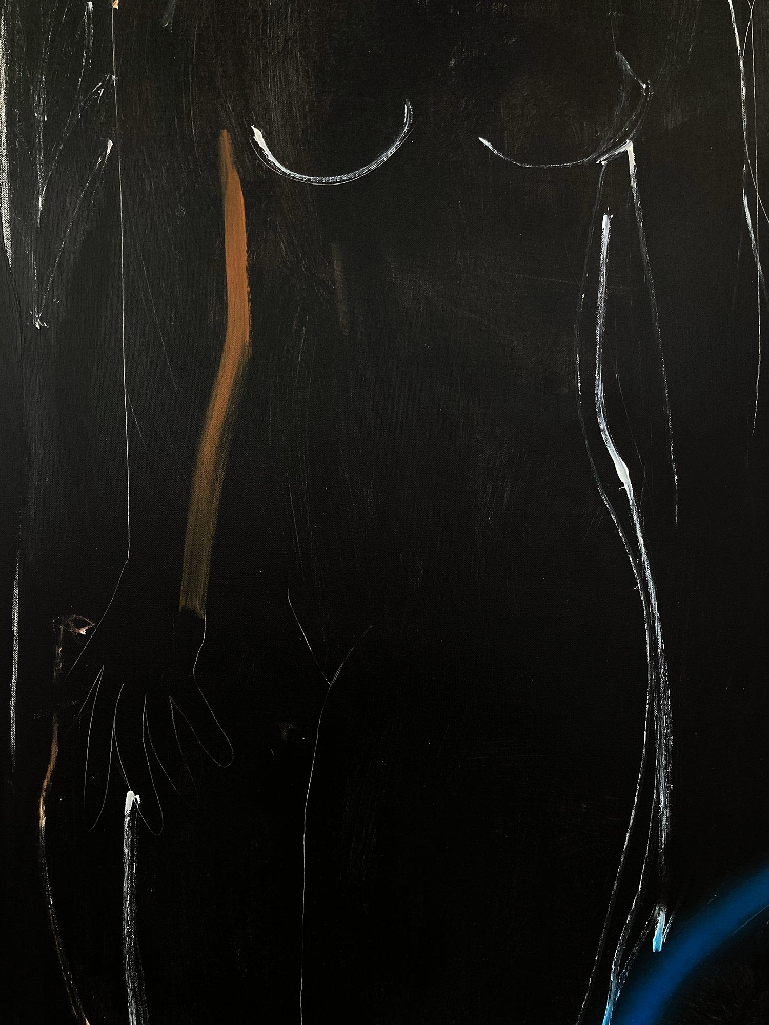 Modernistisches schwarzes und weißes abstraktes Aktgemälde auf Leinwand „Blue Line + Fruit“ im Angebot 2