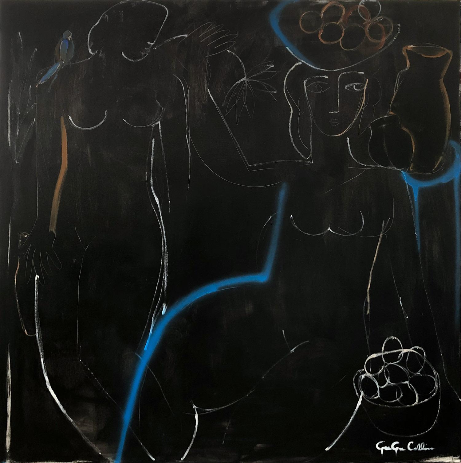 Modernistisches schwarzes und weißes abstraktes Aktgemälde auf Leinwand „Blue Line + Fruit“
