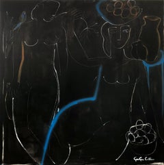 « Blue Line + Fruit » - Peinture moderniste de nus abstraits noirs et blancs sur toile