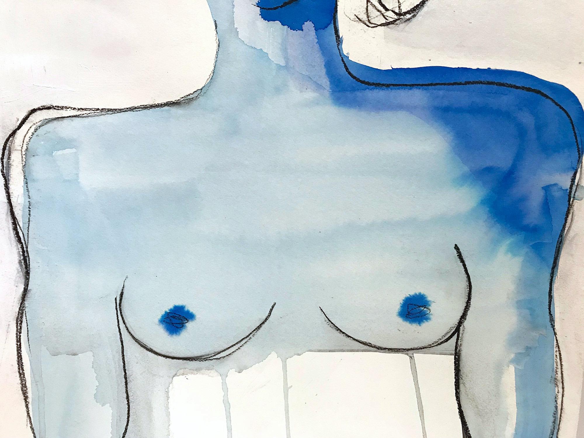 Blue Nude, Modern Nude on Paper - Gray Abstract Painting by Gee Gee Collins