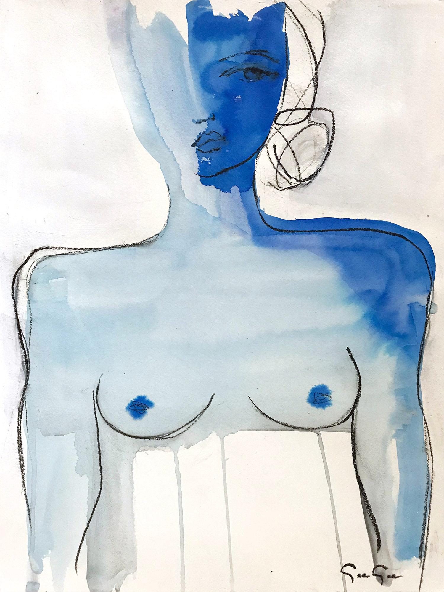 Gee Gee Collins Abstract Painting - Blue Nude, Modern Nude on Paper