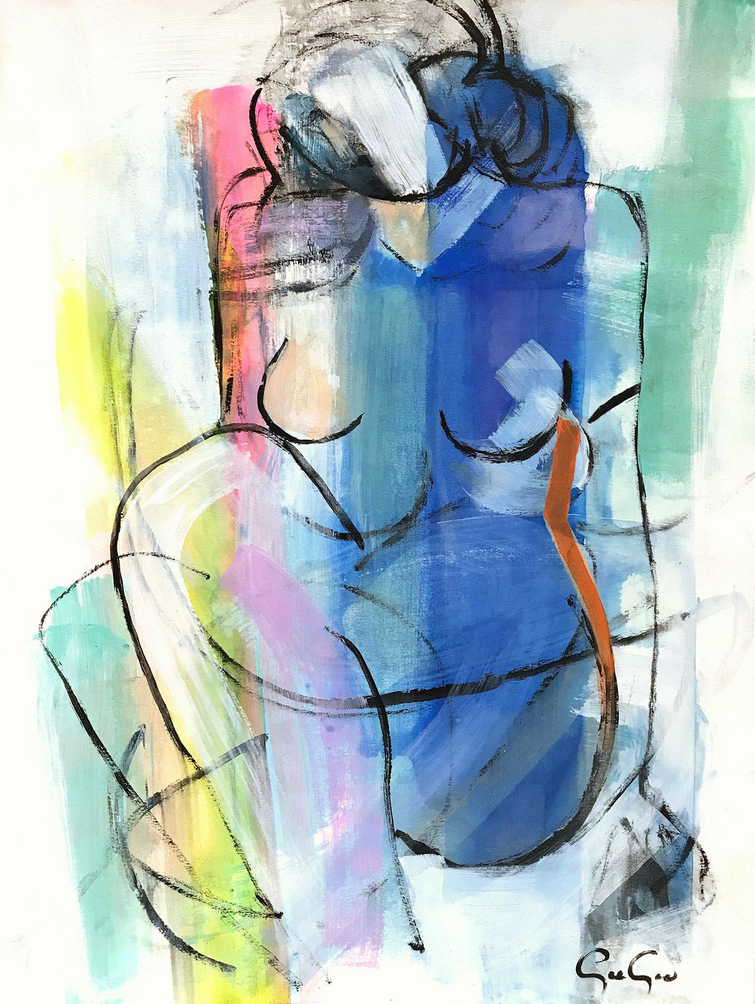 Gee Gee Collins Abstract Painting - Color Kissed, Modern Nude on Paper