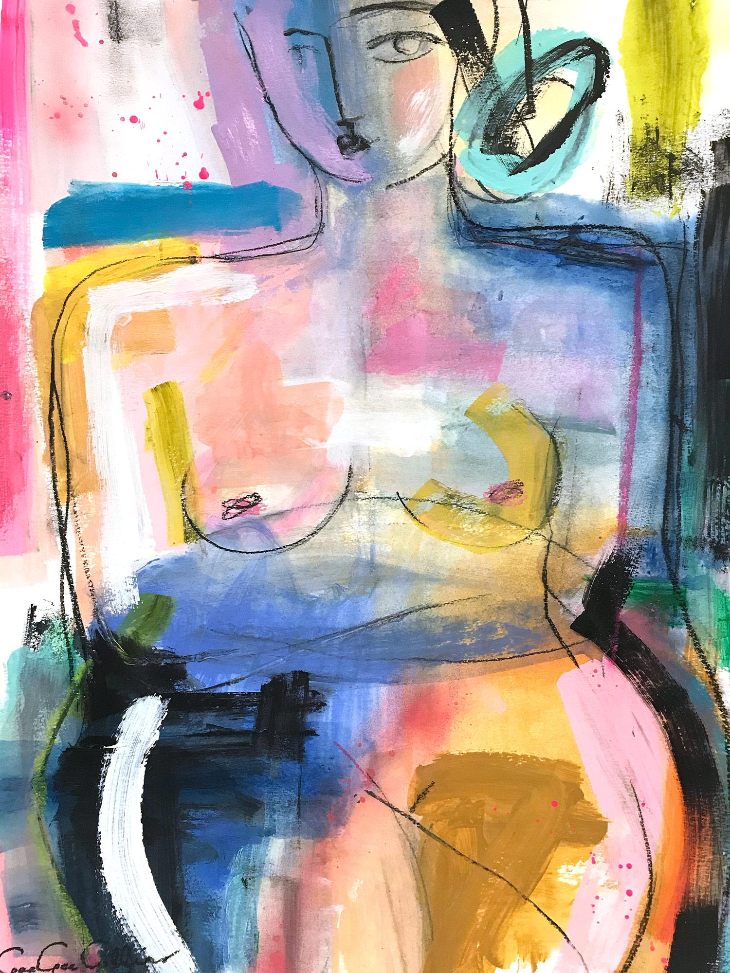 Gee Gee Collins Figurative Painting - "Colorful Nude" Abstract Modern Colorful Nude Painting on Paper