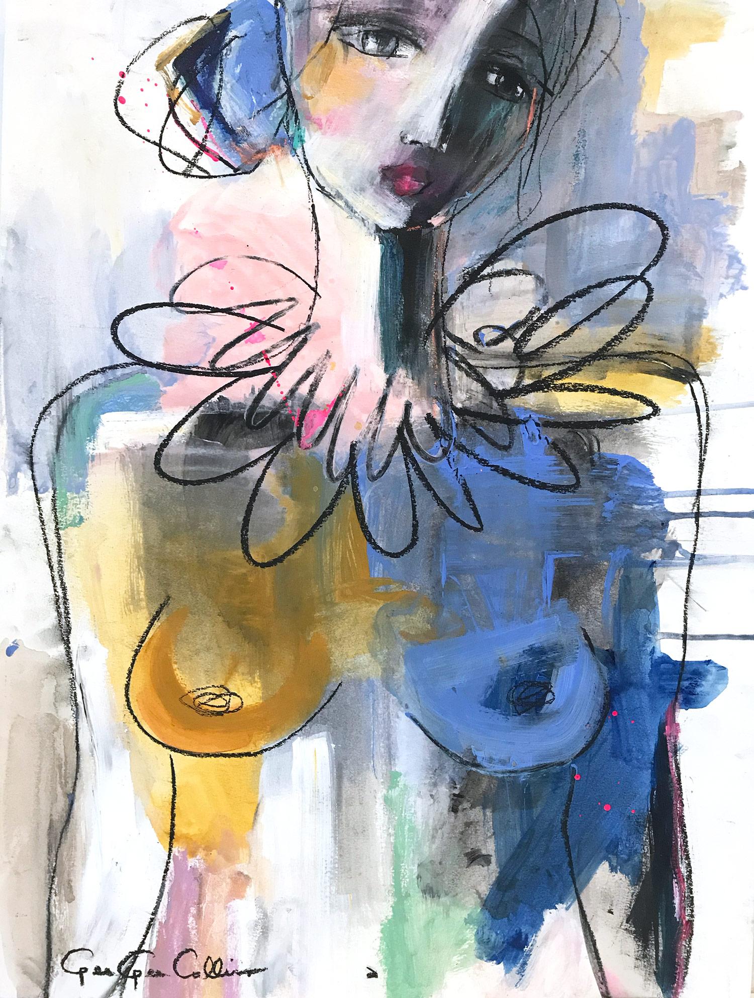 Gee Gee Collins Figurative Painting - "French Rose Nude" Abstract Modern Colorful Nude Painting on Paper