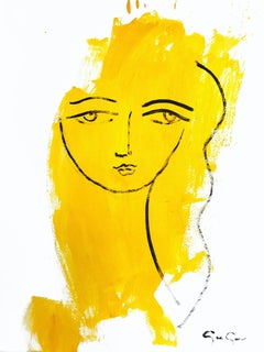 "Her Wonderful Stare (Yellow)" Modern Colorful Portrait Painting on Paper