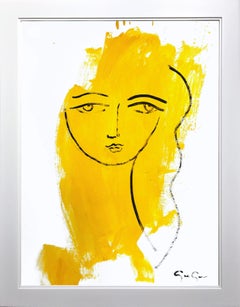 "Her Wonderful Stare (Yellow)" Modern Colorful Portrait Painting on Paper