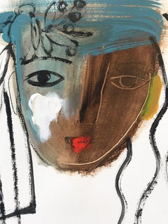 "Icon and Bird" Abstract Modern Colorful Nude Painting on Paper
