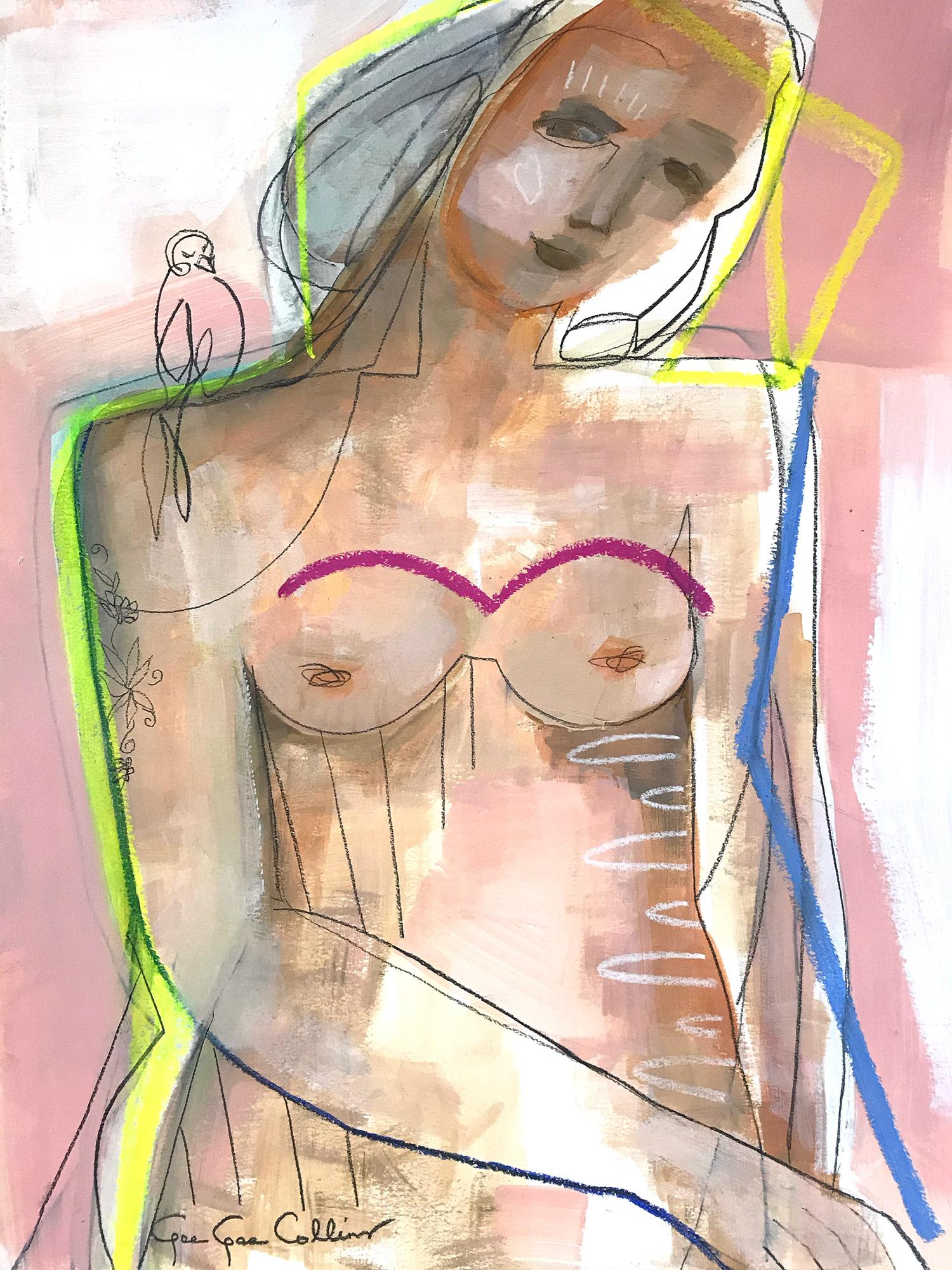 Gee Gee Collins Figurative Painting - "Madonna and Bird" Abstract Modern Colorful Nude Painting on Paper