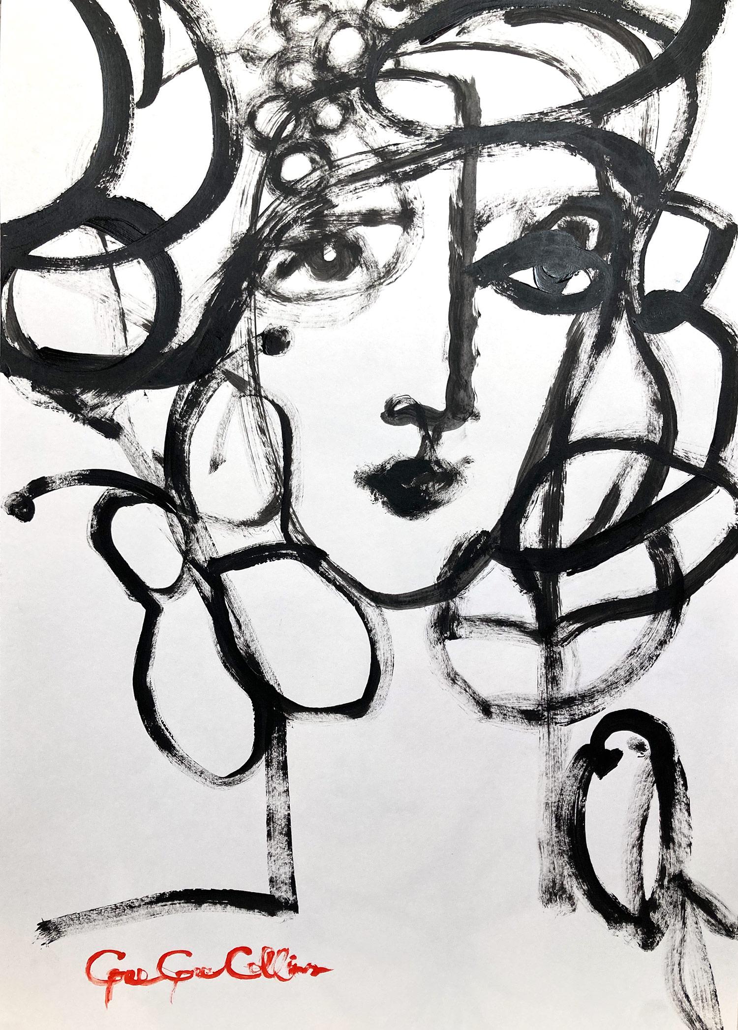 Gee Gee Collins Abstract Painting - "Madonna of Venice" Abstract Modern Black + White Painting on Heavy Weight Paper
