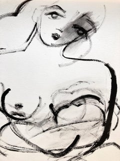 "Mother and Child" Modern Black and White Contemporary Painting on Paper