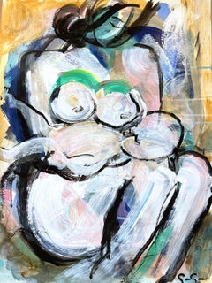 "Mother and Sleeping Child" Modern Colorful Contemporary Painting on Paper