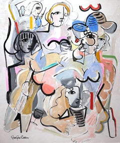« New Year's in Paris », peinture abstraite moderniste de nus, musique et vins sur toile