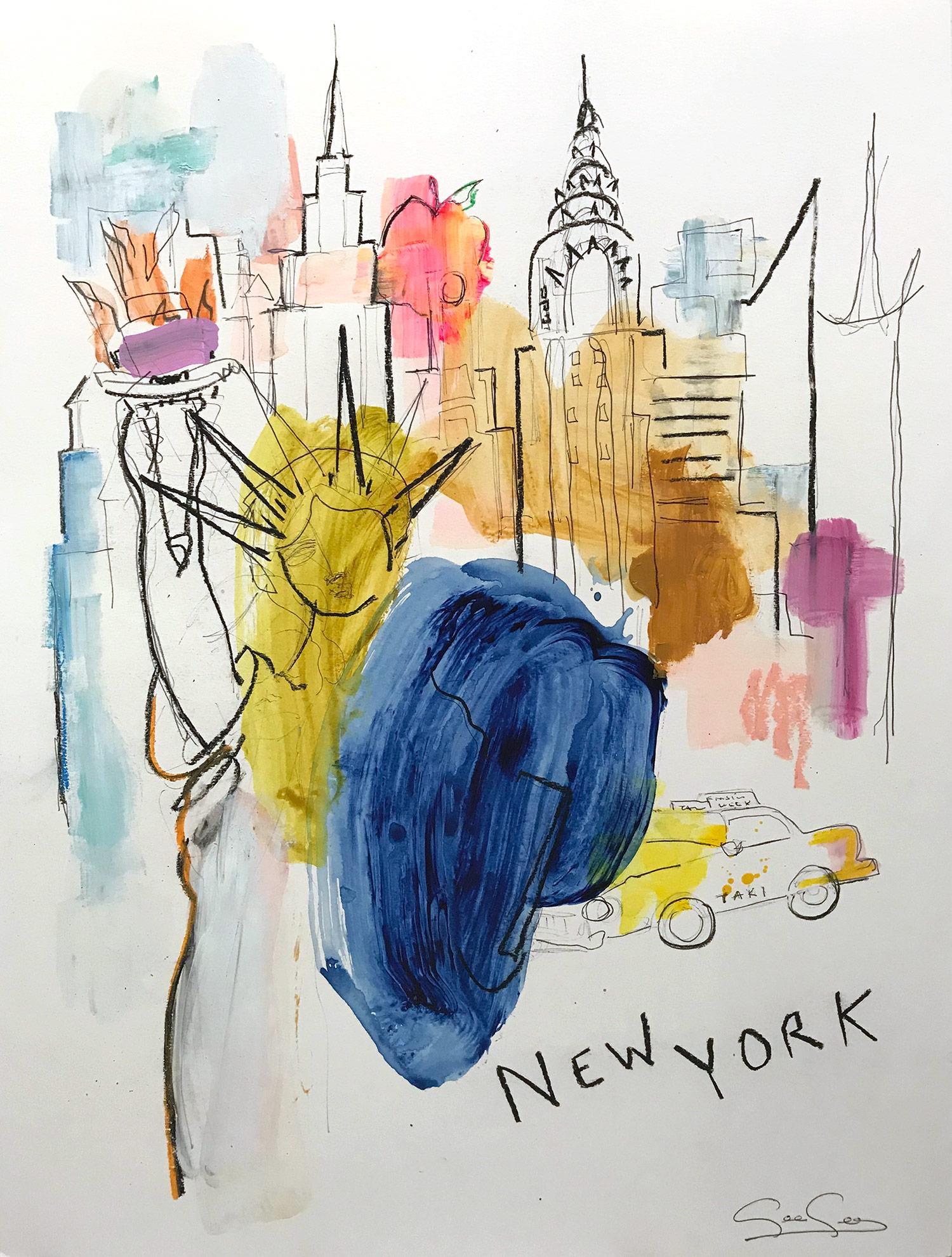 Gee Gee Collins Abstract Painting - "New York" Contemporary Colorful Mixed Media Painting on Heavy Weight Paper