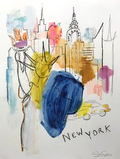 "New York" Contemporary Colorful Mixed Media Painting on Heavy Weight Paper