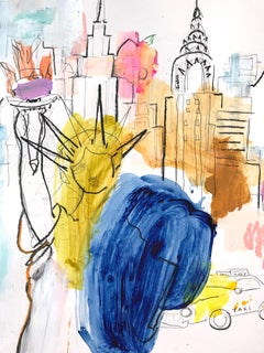 "New York" Contemporary Colorful Mixed Media Painting on Heavy Weight Paper