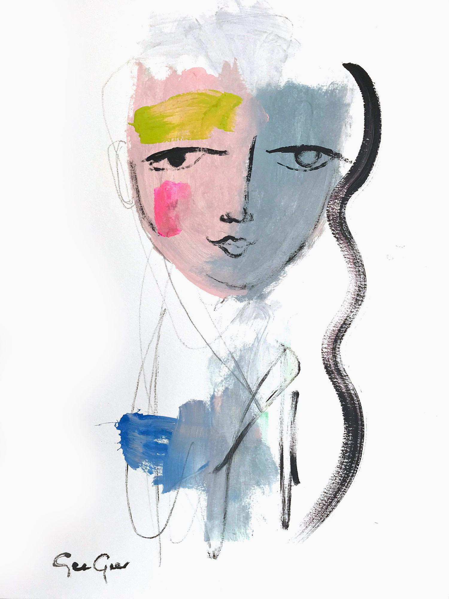Gee Gee Collins Abstract Painting – "Rosy-Blue Portrait" Modern Colorful Portrait Painting on Paper