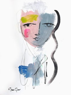 "Rosy-Blue Portrait" Modern Colorful Portrait Painting on Paper