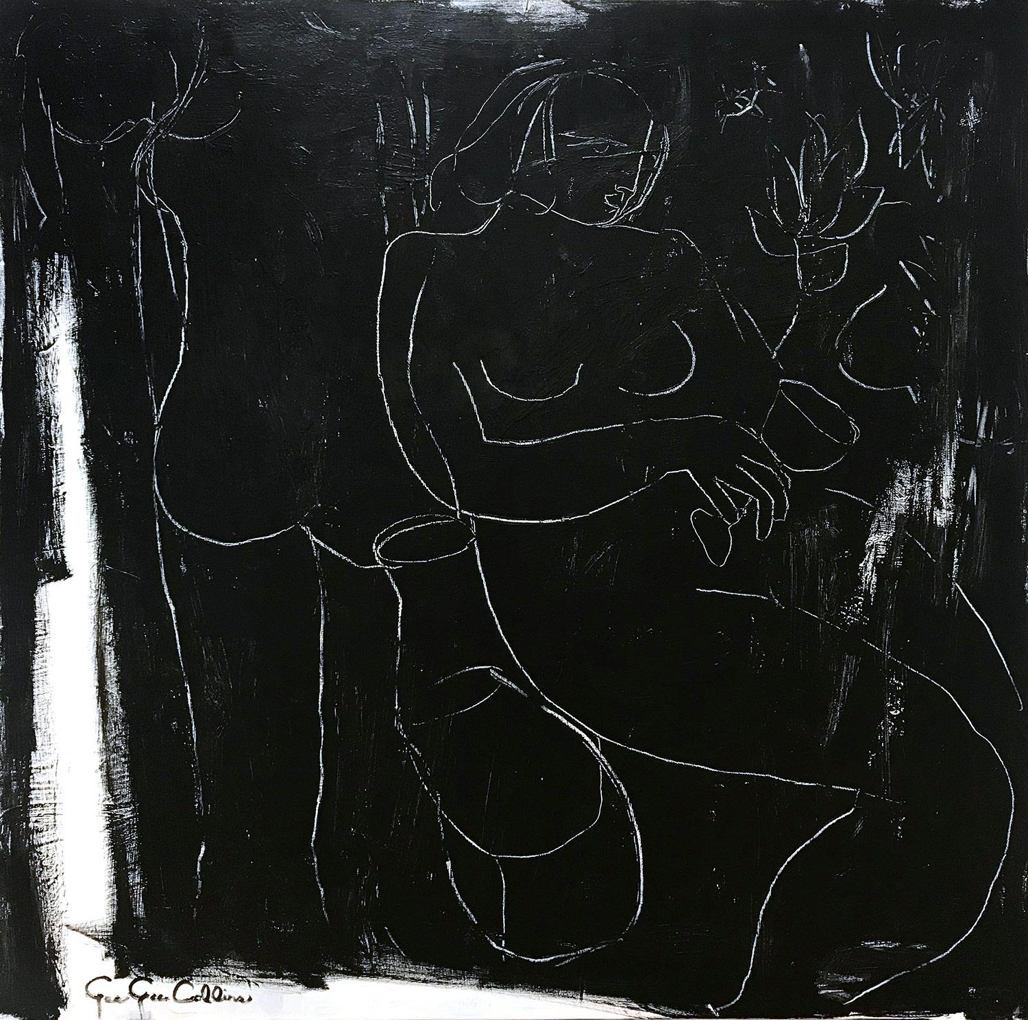 Gee Gee Collins Abstract Painting - "Sorento and Wine" Modernist Black and White Abstract Nudes Painting on Canvas