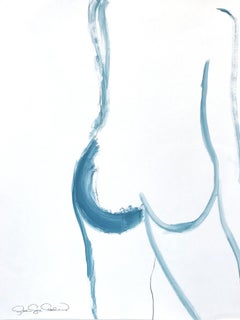 "The Bather" Modern Blue Abstract Nude Acrylic and Mixed Media Painting on Paper