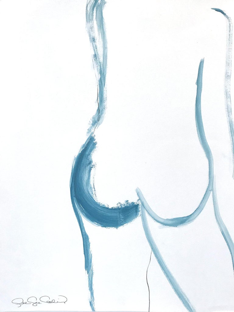 Gee Gee Collins Figurative Painting - "The Bather" Modern Blue Abstract Nude Acrylic and Mixed Media Painting on Paper