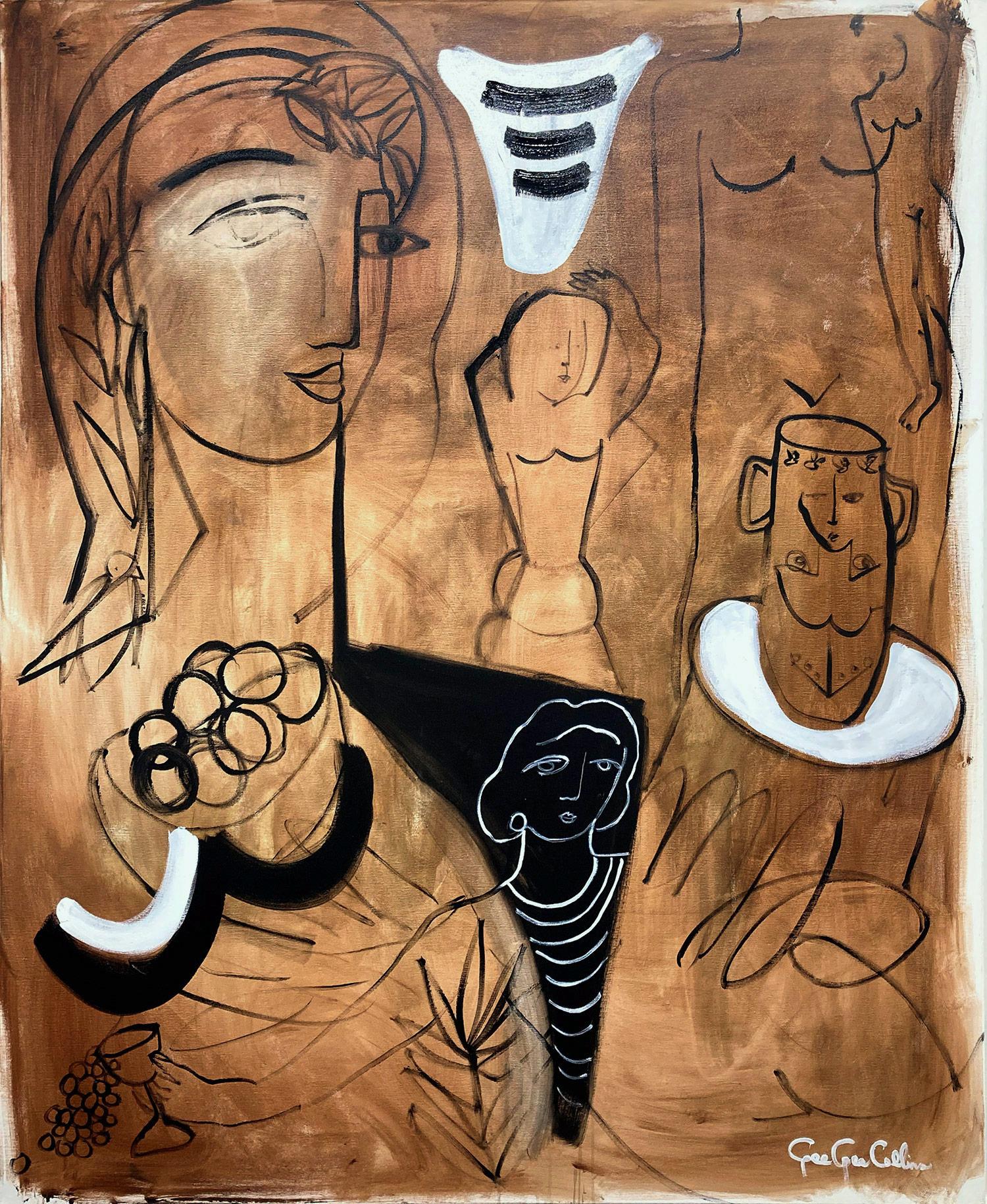 "The Black and White Egyptian Urn" Modernist Abstract Nudes Painting on Canvas